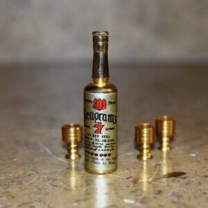 Miniature Vintage Gold Metal Bottle Of Seagram 7 whiskey 3 goblet cup figure set